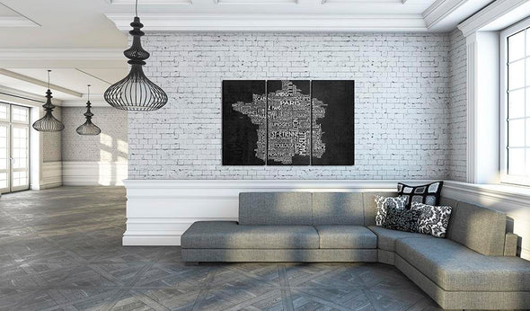 Canvas Print - Text map of France on the black background - triptych