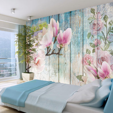Wall mural - Pink Flowers on Wood
