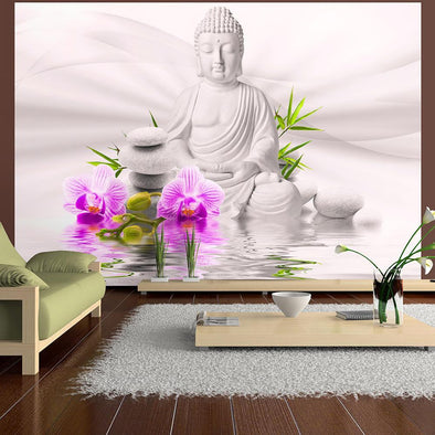 Peel and stick wall mural - Buddha and pink orchids