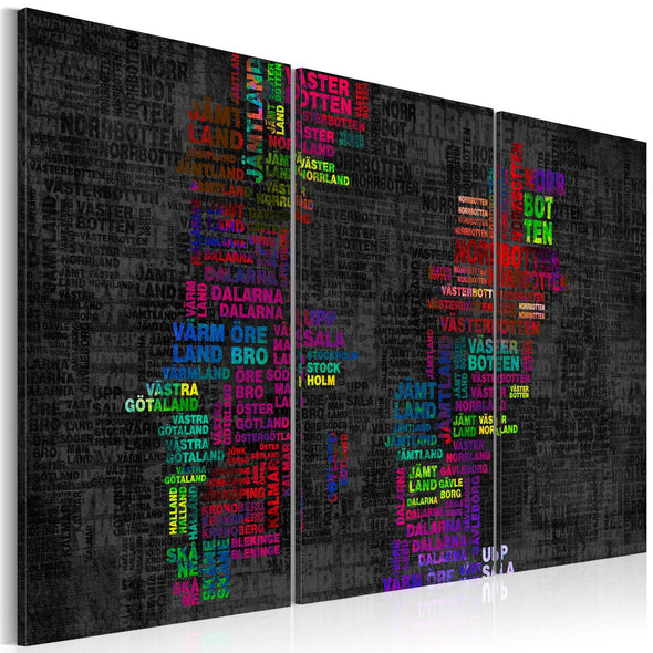 Canvas Print - Map of Sweden (colored names of cities) - triptych