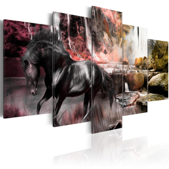 Canvas Print - Black horse on crimson sky background